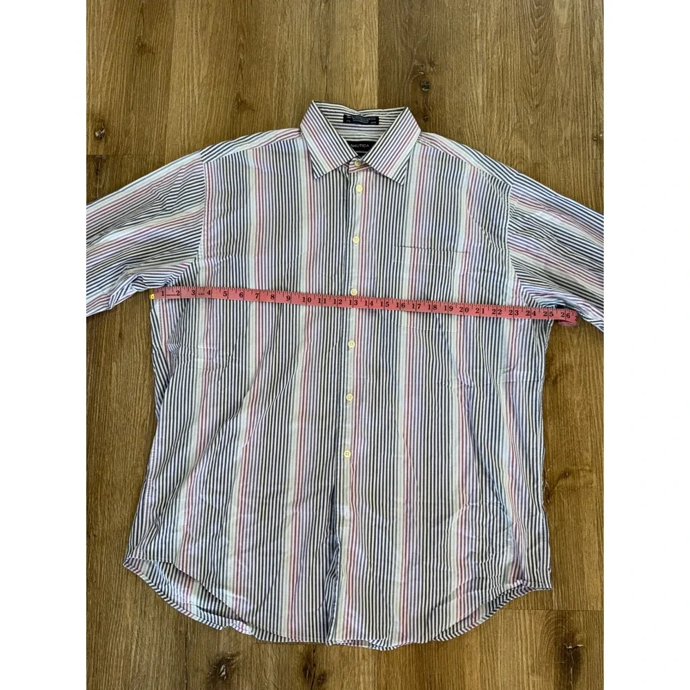 Nautica Button Down Shirt Mens 17.5 34/35 Blue Pink Striped Comfort Stretch L/XL